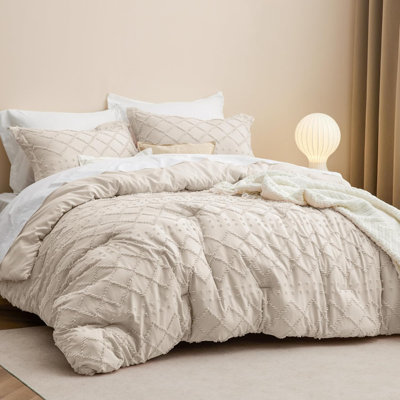 Oversized Queen Comforter Set - Beige Comforter, Boho Tufted Shabby Chic Bedding Comforter Set, 3 Pieces Vintage Farmhouse Bed Set For All Seasons, Fluffy Soft Bedding Set With 2 Pillow Shams