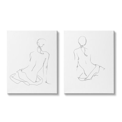 " Female Gesture Drawings Minimalist Curved Linework " 2 Piece Art Painting