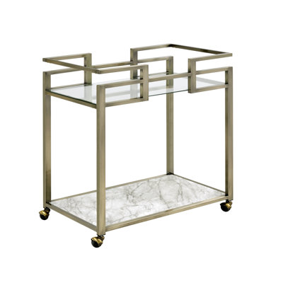 Rectangular 2 Tier Serving Cart Featuring Faux Marble Top, 5 Mm Tempered Clear Glass And Wire Brass Finish, 32 Inches Shelf Height Measurement Size Specification