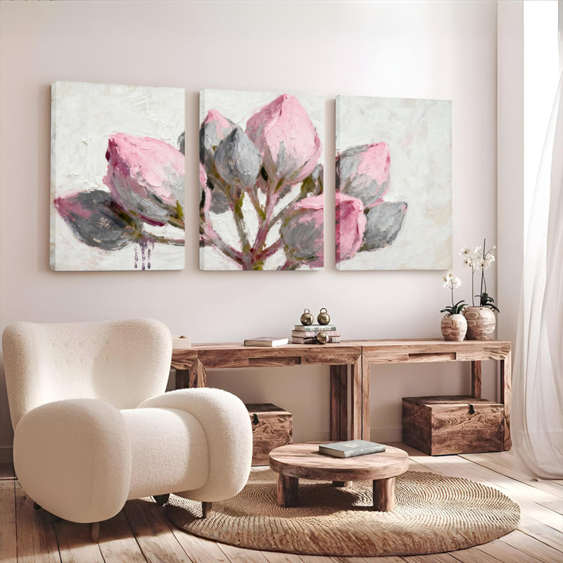 Tableau mural sur toile tendue, motif floral de tulipes roses, style abstrait moderne (paquet de 3), H 36 po x l 72 po