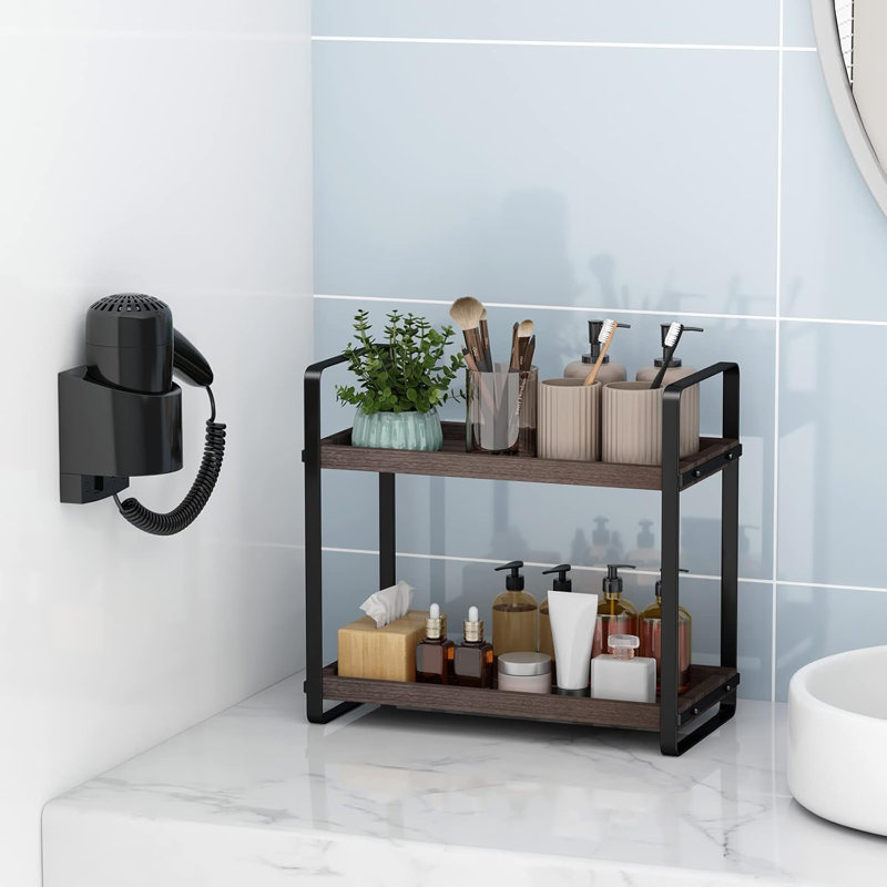 Organisateur de comptoir de salle de bain à 2 niveaux - Tablette de rangement de comptoir en bois massif avec patins antidérapants, organisateur de maquillage polyvalent et plateau de meuble-lavabo pour salle de bain, bureau, cuisine et salon