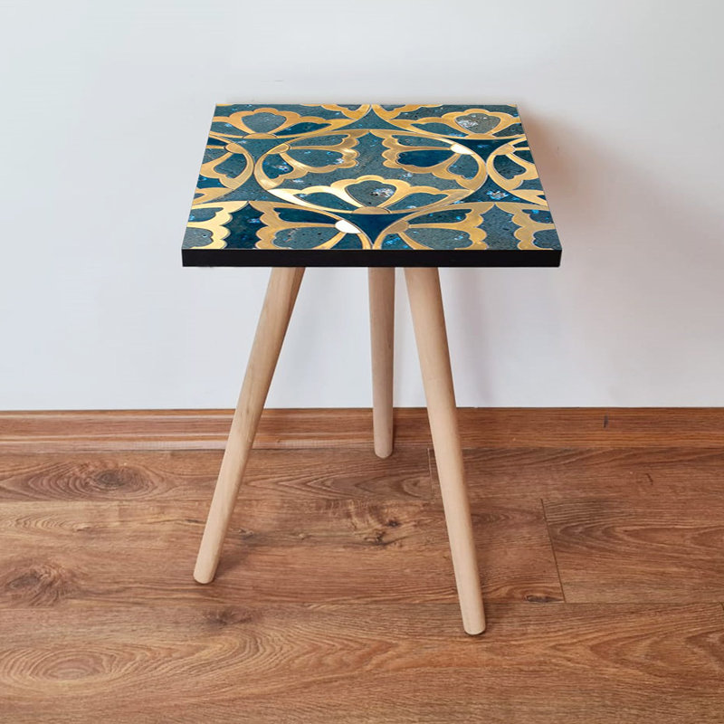 Table d'appoint moderne, bleu et or, 13,8 po x 16,5 po x 13,8 po | 100% panneau de fibres à densité moyenne avec pieds en bois de hêtre, épaisseur: 0,7 pouce | Design élégant et fonctionnel, parfait pour le salon et la chambre à coucher, style damassé de fantaisie