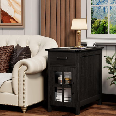 Farmhouse Nightstand with Charging Station and 2 Storage Drawers, Bedside Table with Barn Door and Shelf, Rustic End Table Side Table for Bedroom, Liv by Winston Porter