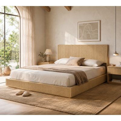 Lit plateforme moderne Ridge, format king, avec éclairage DEL intégré et design en bois ondulé