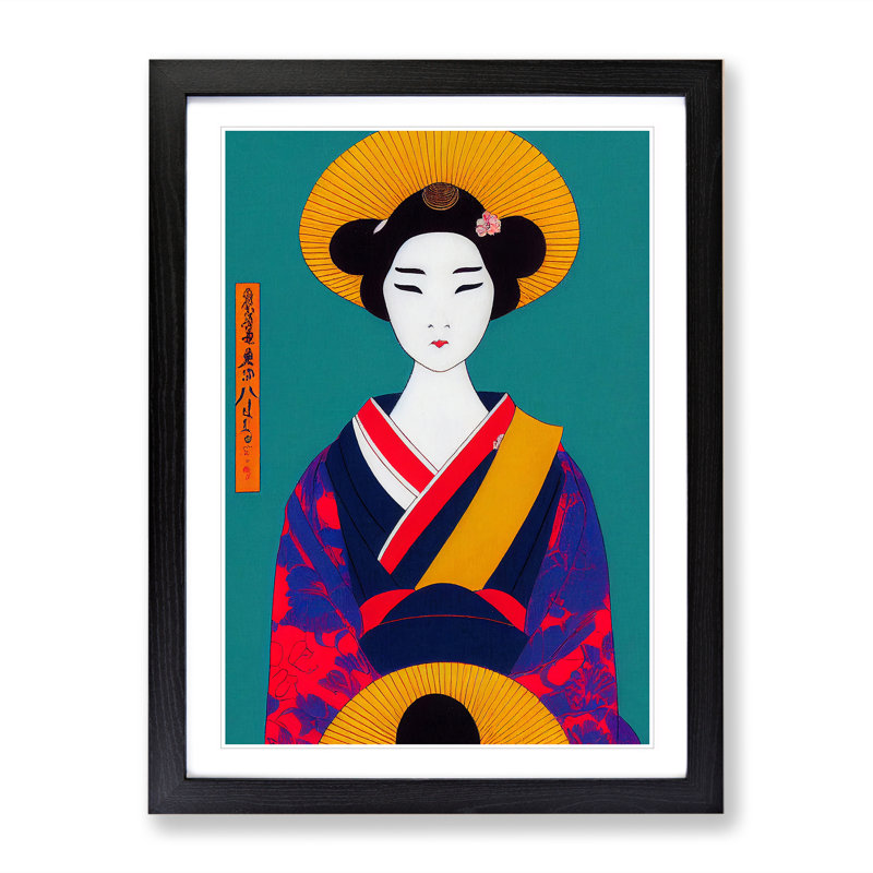 Colourful Geisha No.5 - Single Picture Frame Painting, Black, 46cm H x 34cm W x 2cm D