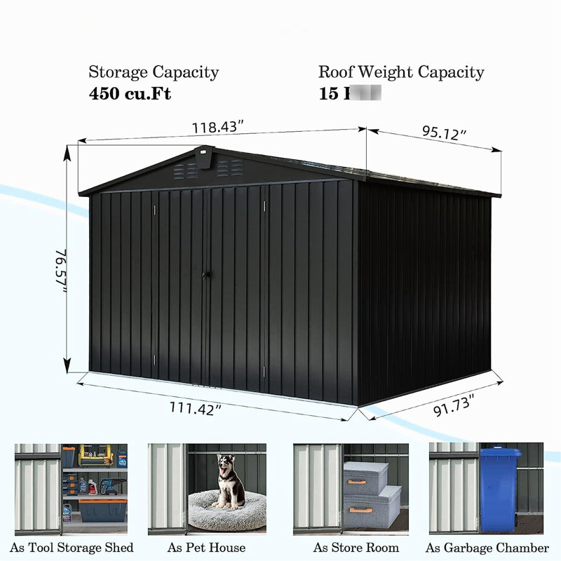 Armoire de rangement extérieure en acier galvanisé 10 pi x 8 pi 450 pieds cubes Pour les articles de sport, les poubelles. Antirouille, protégé, verrouillable, ventilé. Cour arrière élégante, patio, pelouse. Noir 10 pi x 8 pi, vélo massif