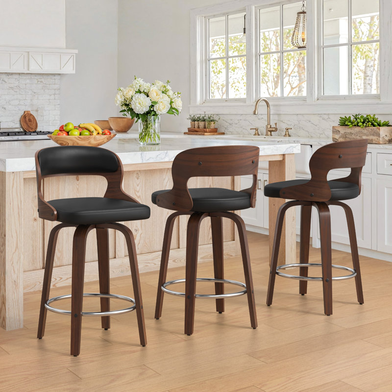 Ensemble de 3 tabourets de comptoir pivotants de 26 po avec revêtement en similicuir et fini grain de bois de noyer (ensemble de 3)