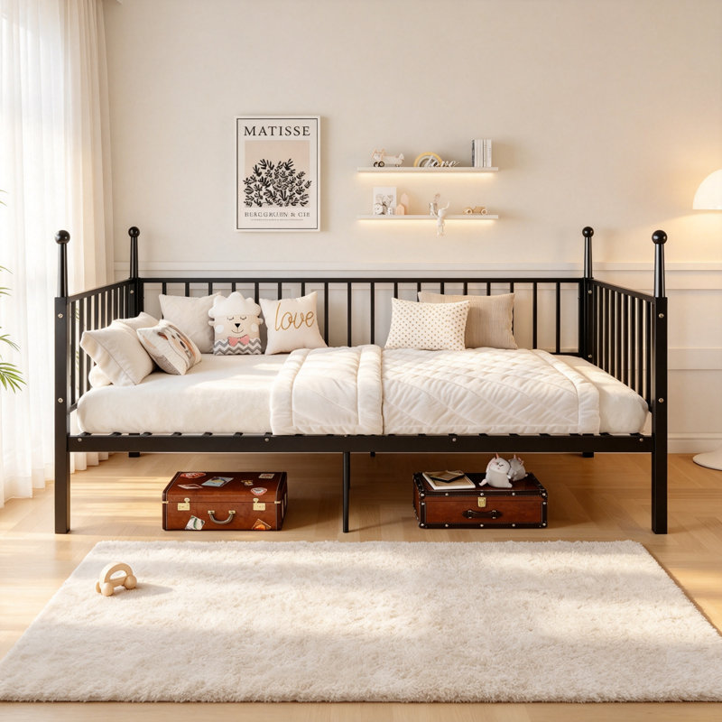 Structure de lit en métal, adaptée aux enfants, aux adolescents et aux adultes, avec poteaux de lit, robuste et durable, aucun matelas à ressorts requis, noir