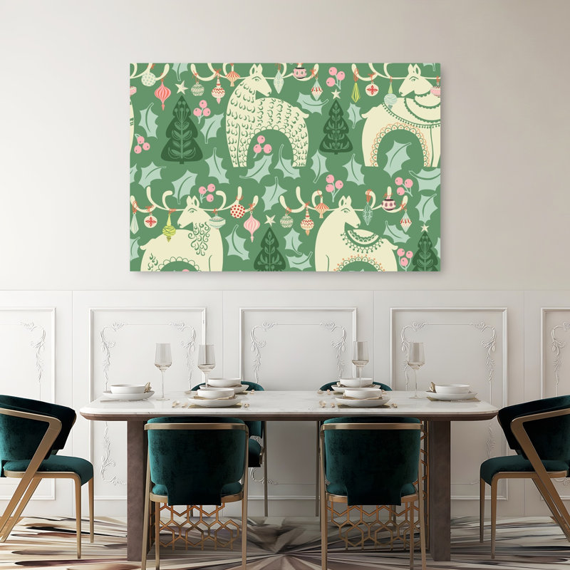 Festive Folk Reindeer Pattern Abstract Christmas Tree Deer Winter Landscape Wall Art Print 1 Piece Wrapped Canvas Wall Art