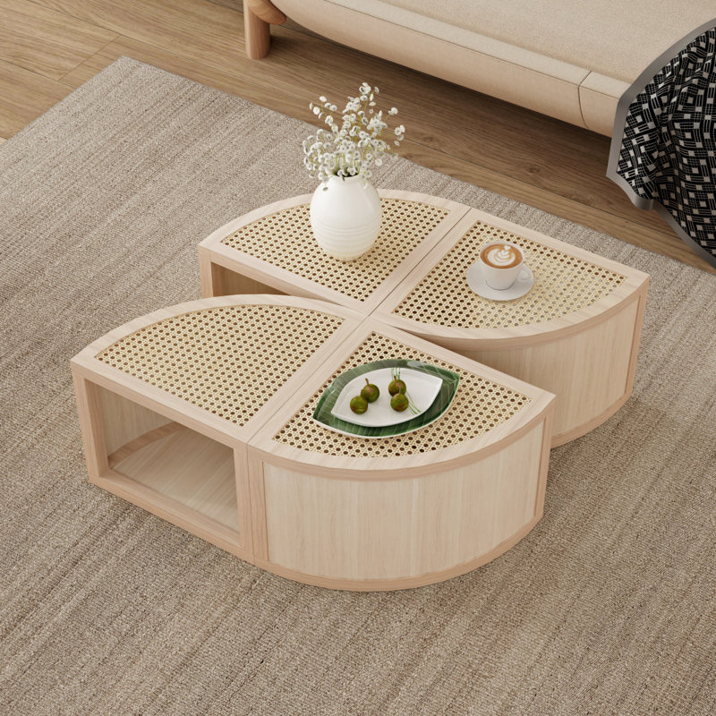 Round To Square Block Modular Coffee Table  Rattan With Storage 4 Piece