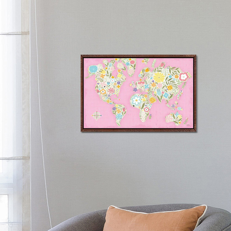 Floral World Pink 1 Piece Wall Art on Canvas, 45.72cm H x 66.04cm W x 3.81cm D, Classic Brown Wood Framed