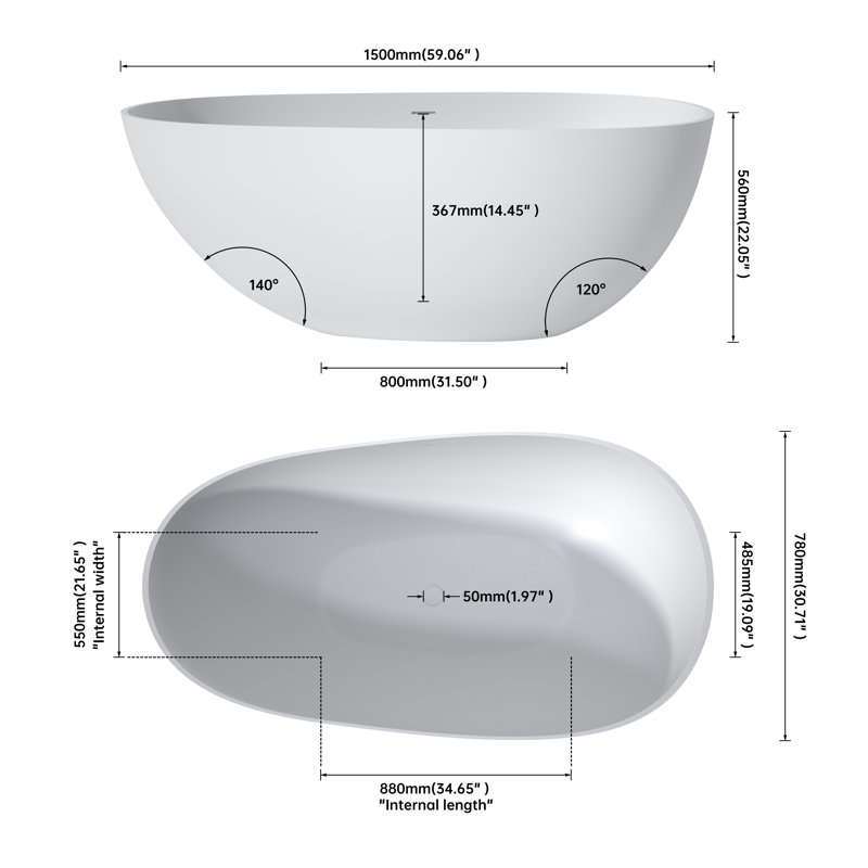 Baignoire de trempage autoportante 59 po. X 31 po. Surface solide , Matte White
