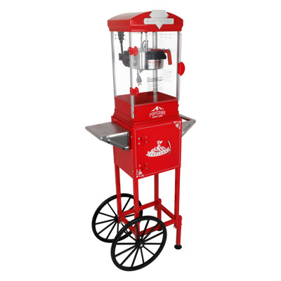 10-Ounce Popcorn Machine Cart Popcorn Maker Machine With Wheels, Stainless Steel Kettle Makes 40 Cups of Popcorn, Movie Theatre Style Popcorn Machine For Party Football Night