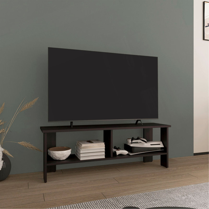 Meuble télé Mid-Century moderne, 2 tablettes, Noir