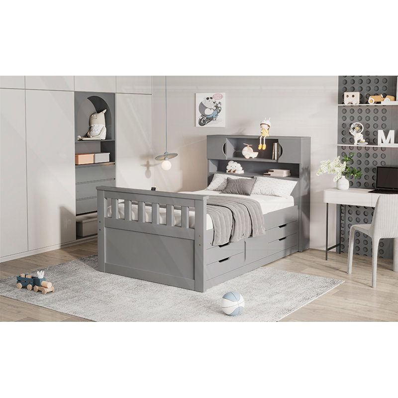 Lit plateforme en bois avec tiroirs et tables de chevet, Gris