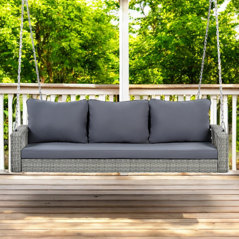 69" Outdoor Pe Wicker Swing – 3-person Porch Bench With Chains & Cushions, Gris, Gris