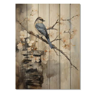 Art asiatique, oiseau Sumi V sur bois