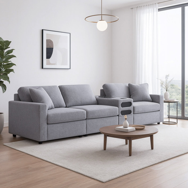 Braintree 4-Piece Sectional With Audio Console, Gray Polyester
