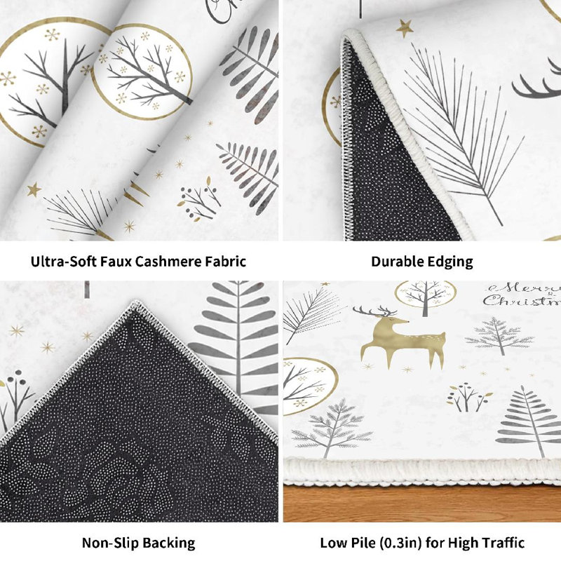 Tapis intérieur doré lavable à la machine, motif forêt de Noël avec cerfs et sapin., Rectangle 71 po x 98 po