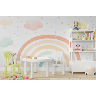 Murale pastel arc-en-ciel et soleil pour enfants | Papier peint Boho Nursery Cloud | Non-tissé ou pelez et collez