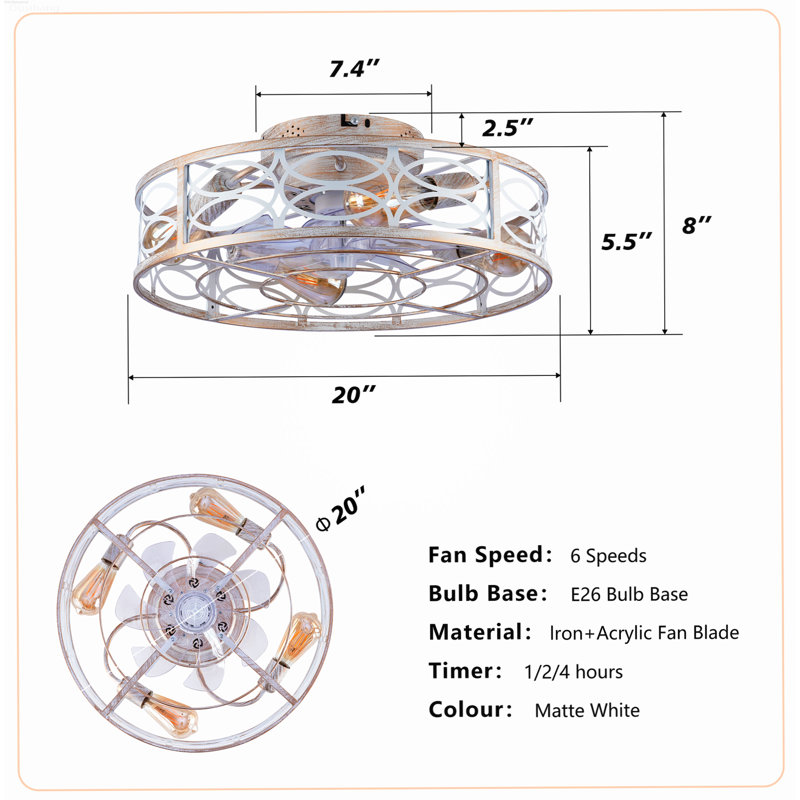 Ventilateur de plafond encastré avec télécommande réversible 6 vitesses Farmhouse, Blanc et doré