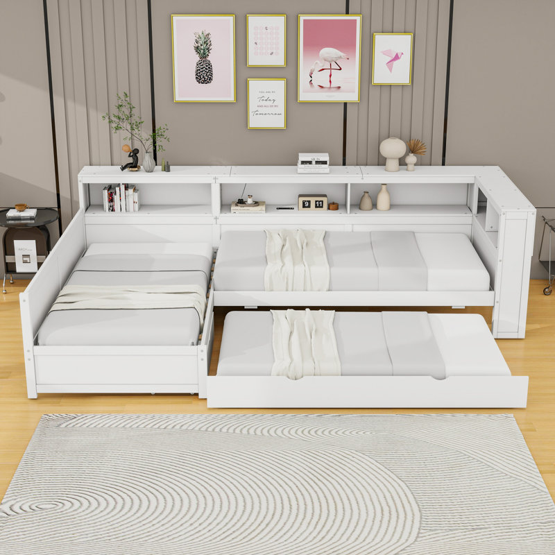 Lit plateforme simple en L en bois avec lit gigogne simple, tiroir de rangement, tablettes et station de charge, Blanc