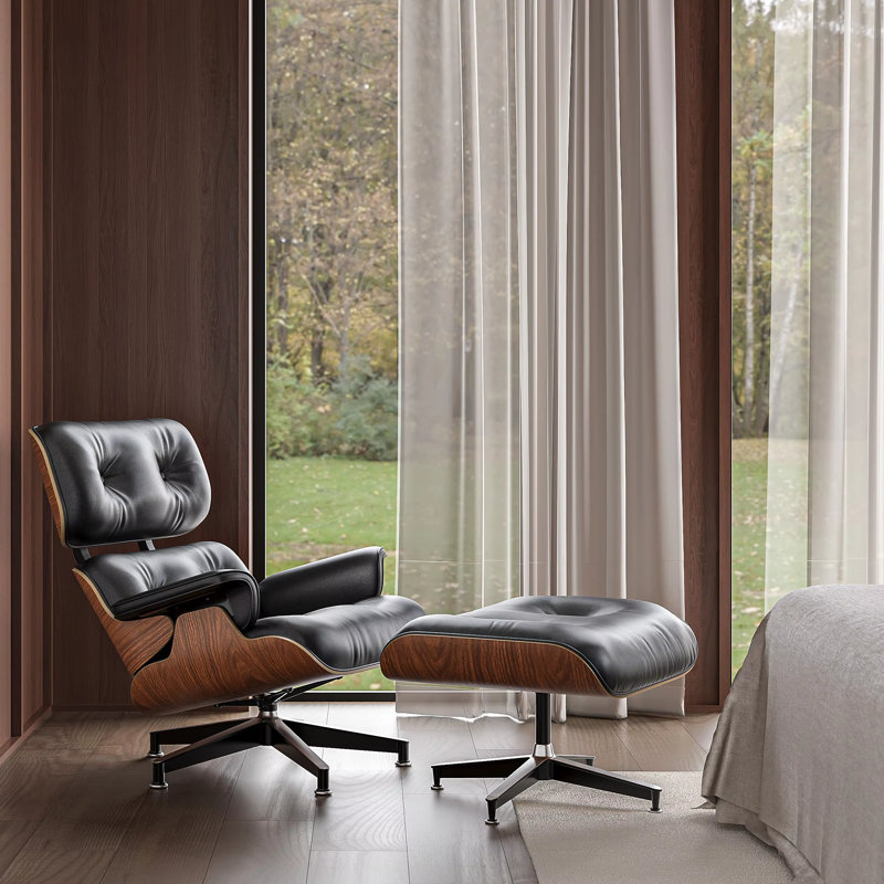 Black and Pallsander Leather Swivel Chaise Lounge Chair with Ottoman