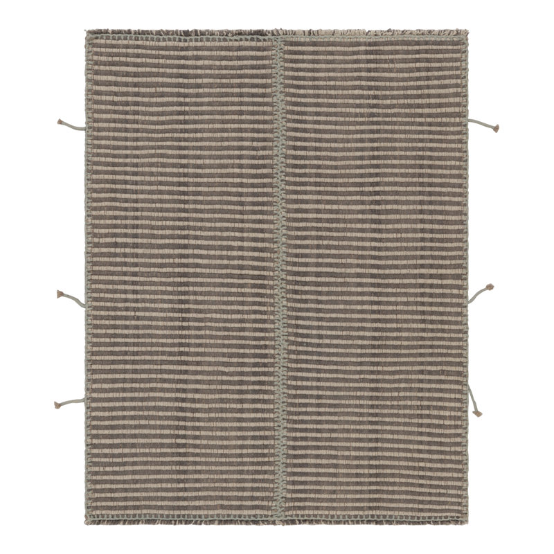 Rug & Kilim’S Textural Accent Kilim, Square Rug In Greige And Light-Blue Stripes