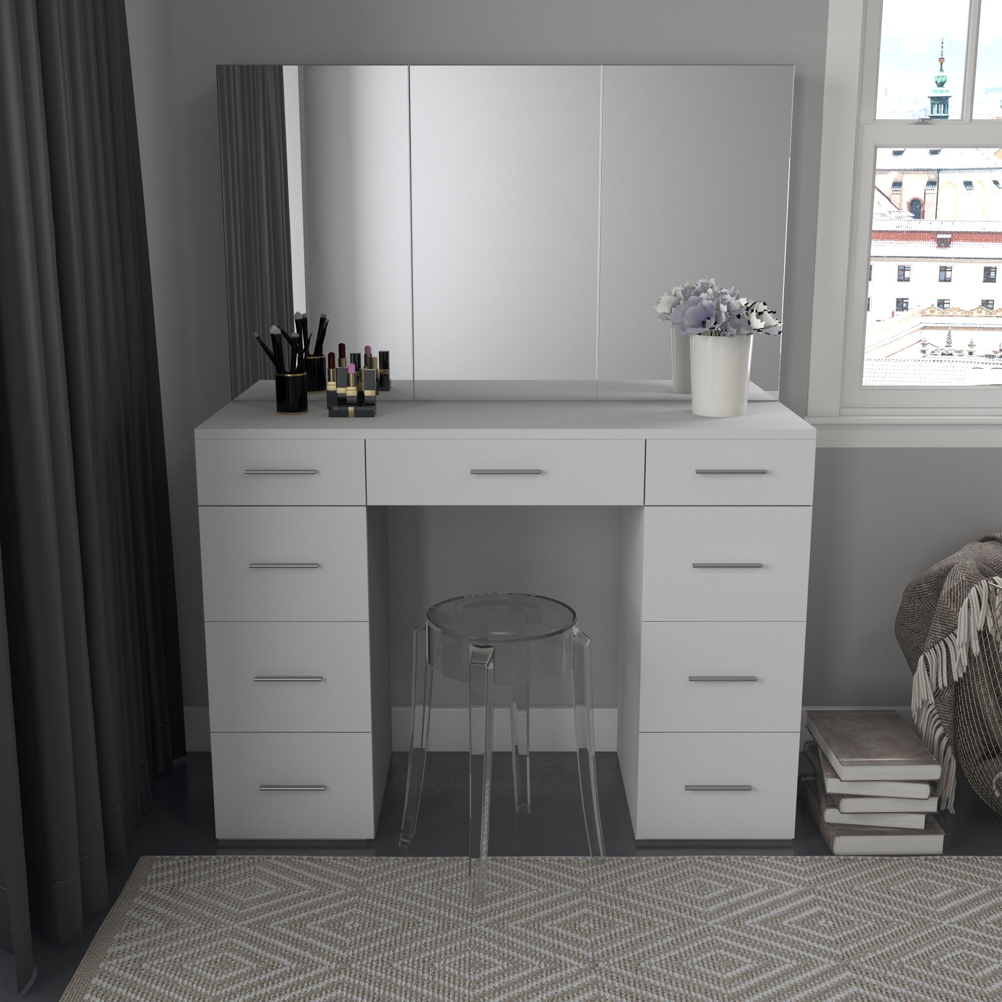 Latitude Run® Vanity Desk with Mirror and Lights,White Makeup