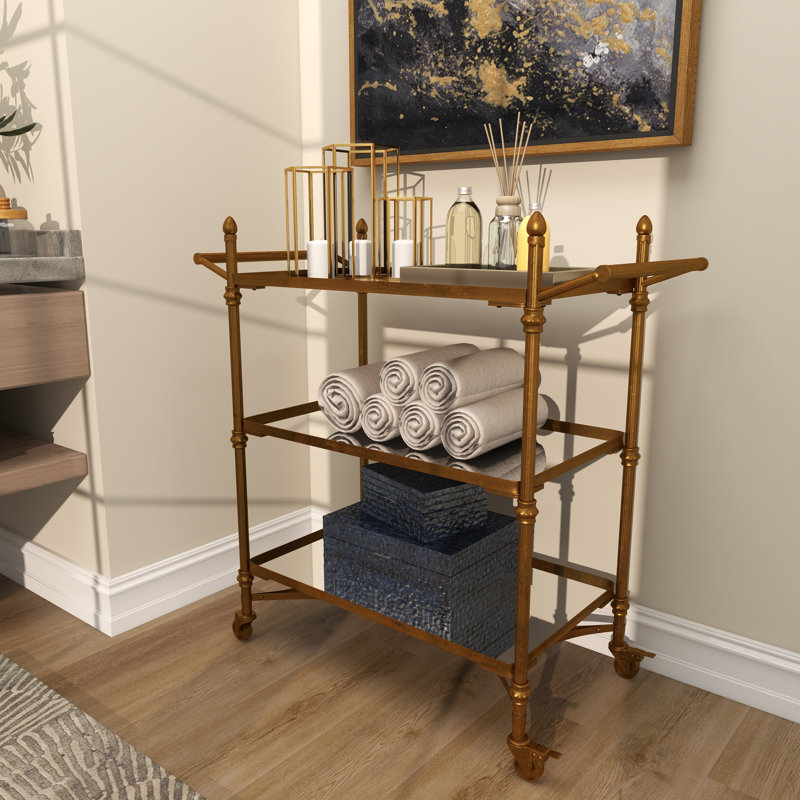 Metal Rolling 3 Mirrored Shelves Bar Cart with Handles