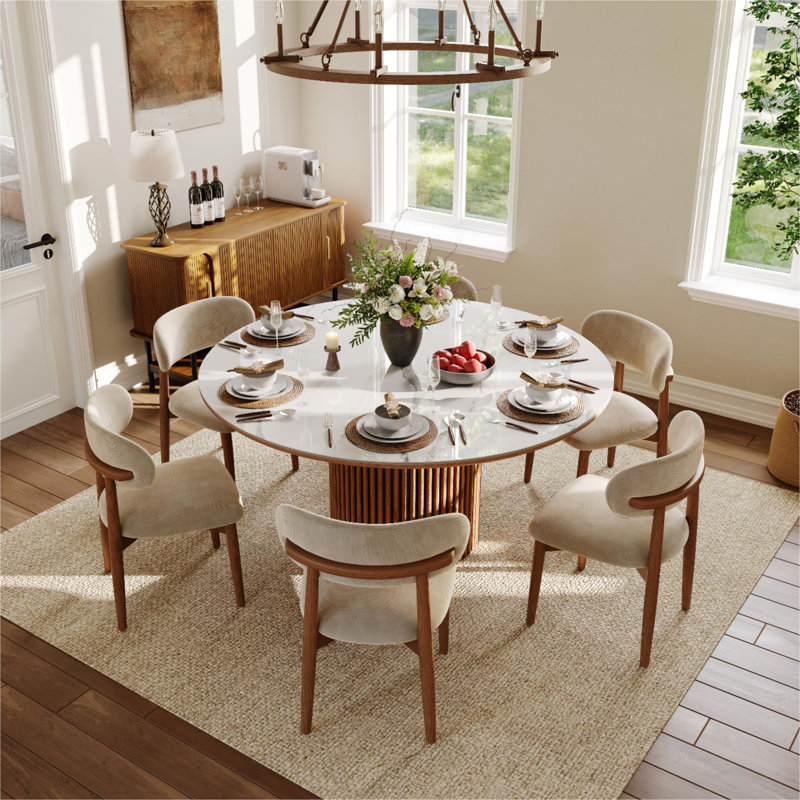 Mid-Century Modern Wood Dining Chairs, Upholstered Cotton Linen Wood Dining Chair Side Chair, Fully Assembled (Set of 2)