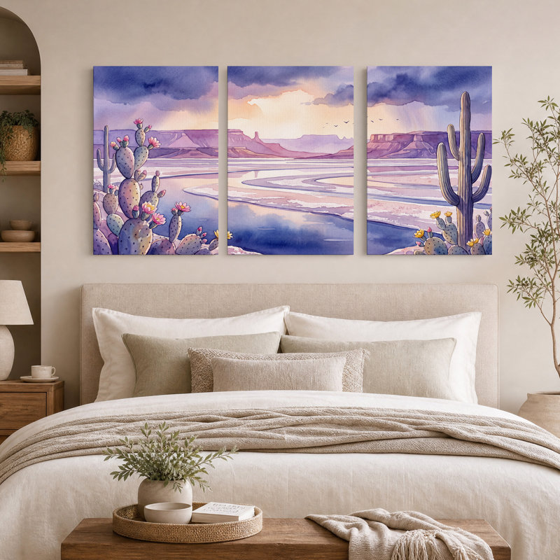 Ensemble de 3 toiles murales représentant un cactus en fleurs roses et une rivière, à l'aquarelle, 30"H x 20"W x 3pcs