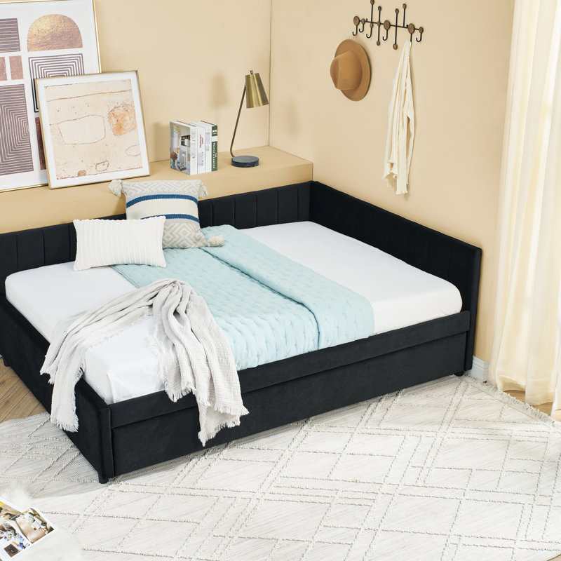 Full Size Upholstered Daybed With Trundle, Black Velvet Bed, Comfortable And Arm Support, Vertical Stripe Pattern For A Contemporary Stylish Look, Ideal Family Rooms Bedrooms, Reinforced Eucalyptus