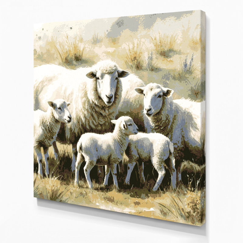 «Farm Sheep with Lambs», art mural sur toile beige, H 8 po x l 8 po