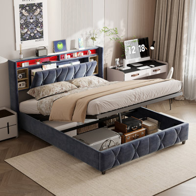 Corbe Velvet Ottoman Bed Frame with Storage Headboard, USB & USB-C Ports, LED Lighting and Lift-Up Storage Base