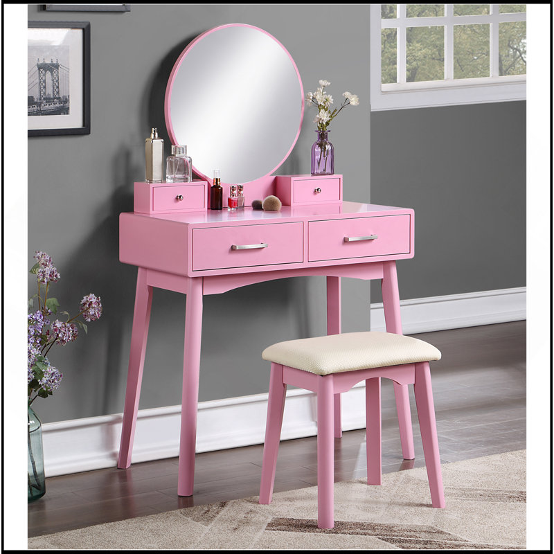 Ensemble de coiffeuse et tabouret en bois, Rose