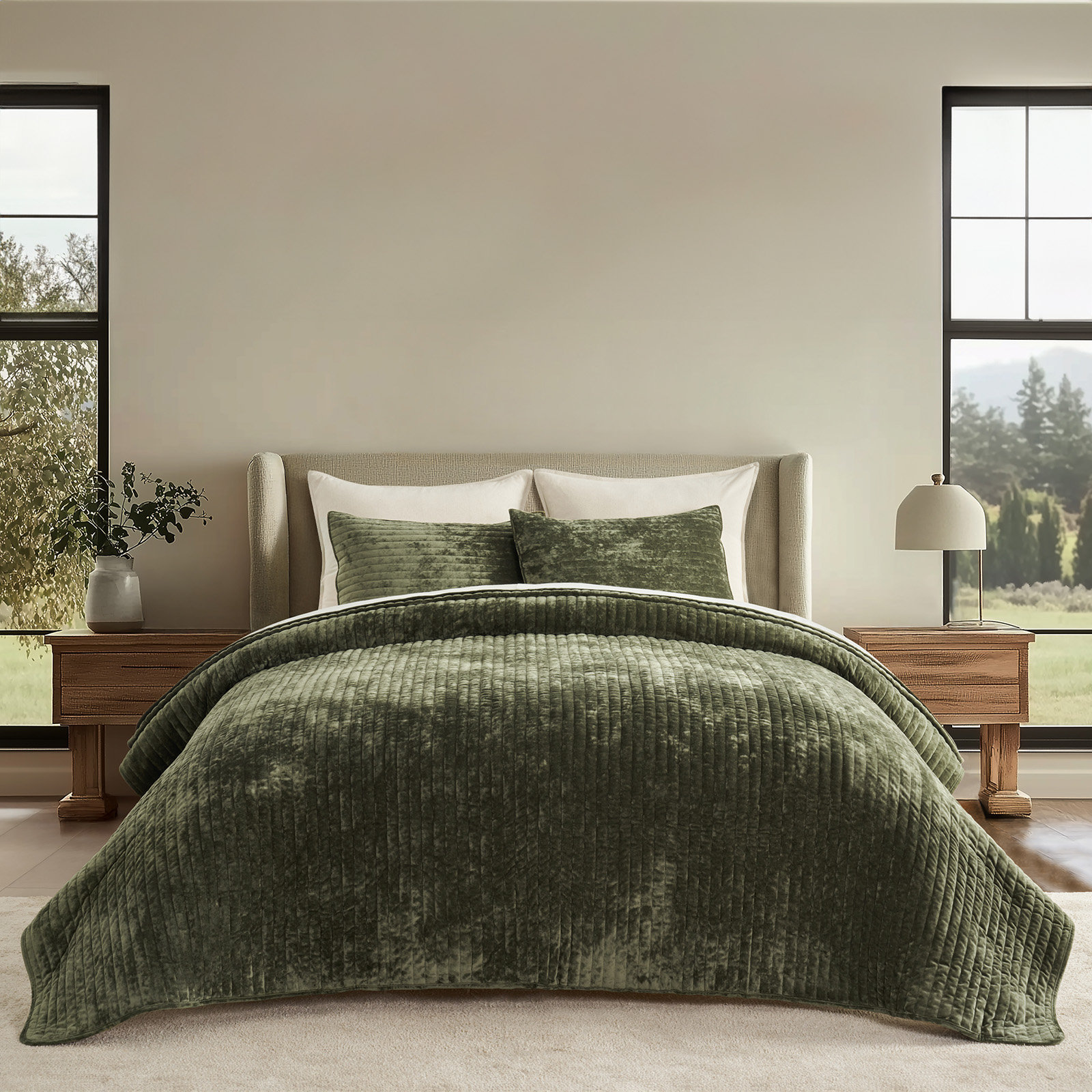 Velvet Quilt Set, Queen, Olive Green