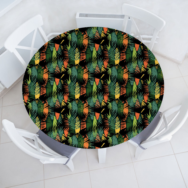 Bungalow Rose Leaf Print Fitted Round Tablecloth Diameter Multicolor, 51.97" Round