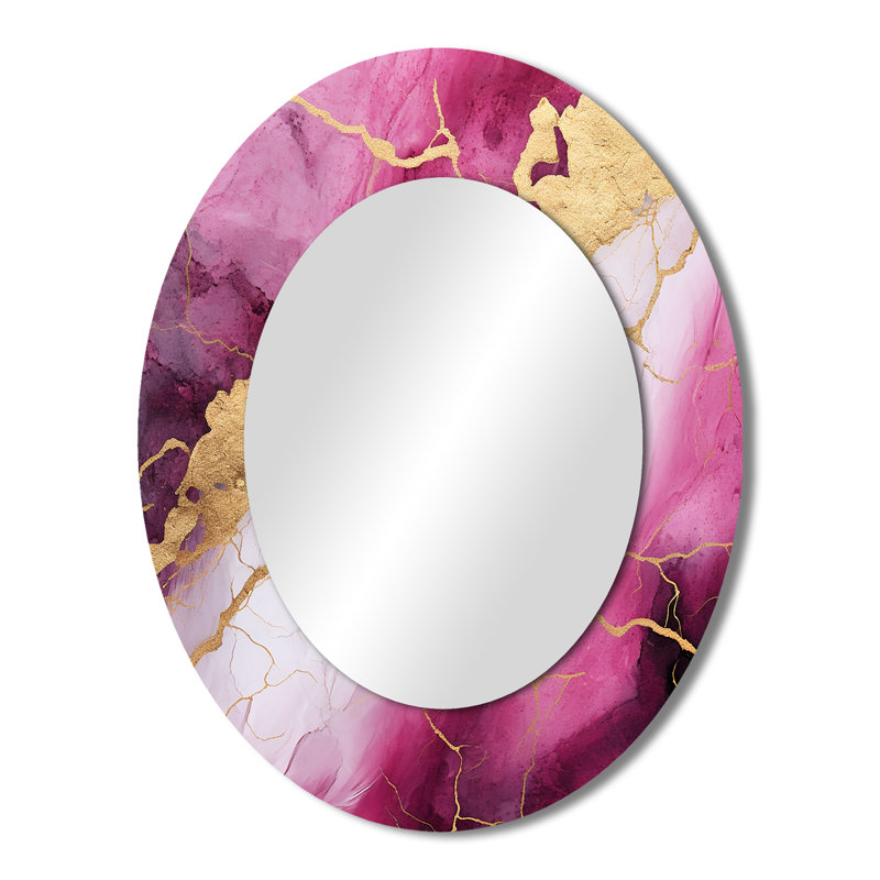Pink And Gold Marble Essence II - Modern Oval Wall Mirror, 43" x 33"