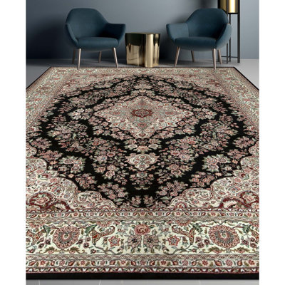 Hand Knotted Wool Oriental Area Rug in Black And Ivory
