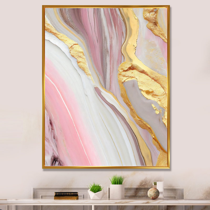 Pink and Gold Marble Abstract III - Painting on Canvas, 32" H x 24" W x 1" D, Gold Floater Framed Canvas