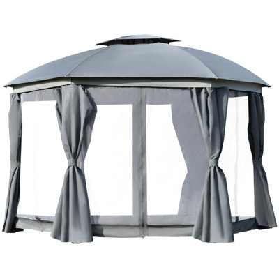 Grey 12' X Outdoor Gazebo With Double Vented Roof, Steel Frame, Netting Sidewalls & Curtains For Backyard Enjoyment Strong Patio And