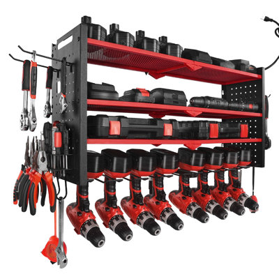 Rangement pour outils électriques avec station de charge H 16,54 po x l 32,87 po x P 8,66 po Support en acier au carbone 1 pièce noir 3 couches 4 porte-perceuses 8 prises