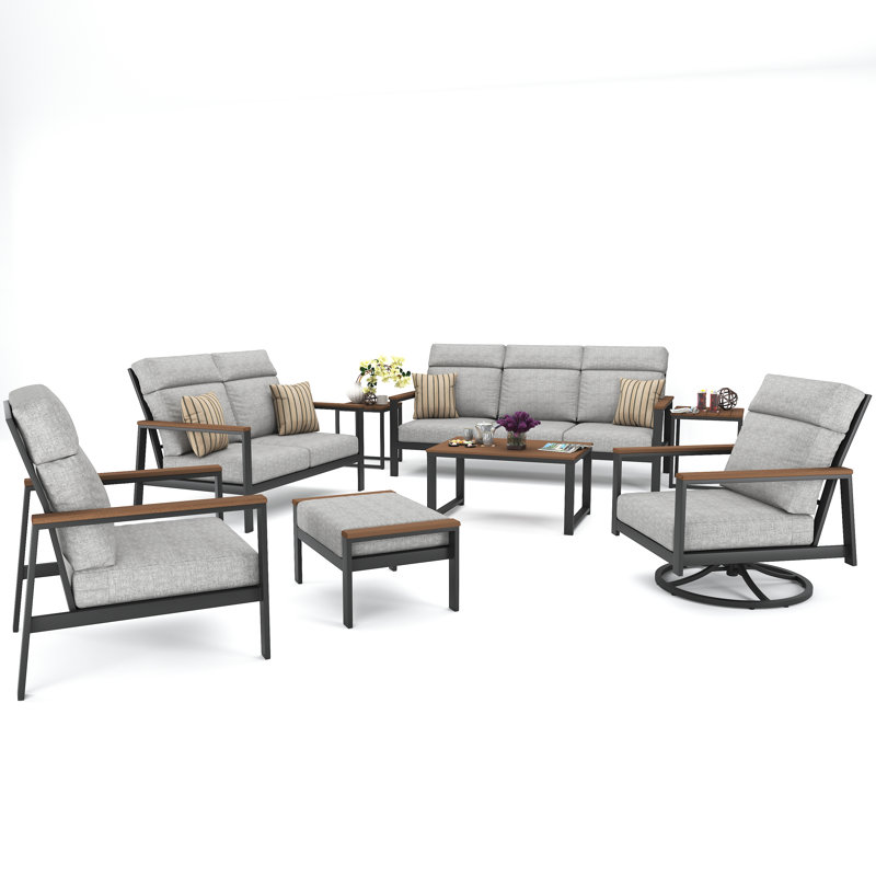Chesler 7 Person Seating Group With Sunbrella Cushions, Canvas Granite, Dark Gray/Brown