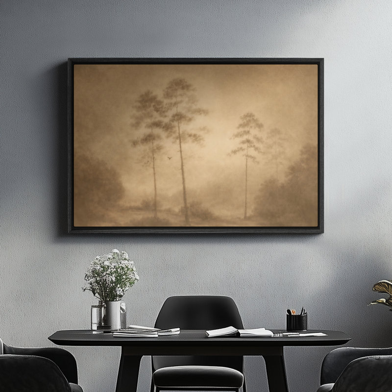 Art mural sur toile encadrée - Scène de forêt brumeuse avec de grands arbres et une atmosphère beige chaleureuse - 16 po x 24 po, 24 po x 36 po
