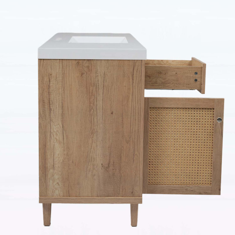 Meuble-lavabo de salle de bain avec lavabo, grand rangement, tiroirs à fermeture en douceur, portes en rotin, pour les salles de bain modernes
