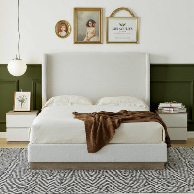 53.1" Queen Upholstered Wingback Bed - Rustic Wood Base with Boucle Fabric