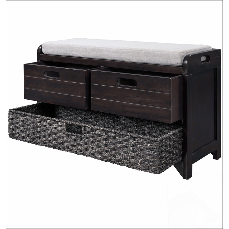 Banc de rangement avec panier amovible et 2 tiroirs, banc à chaussures entièrement assemblé avec coussin amovible, Espresso