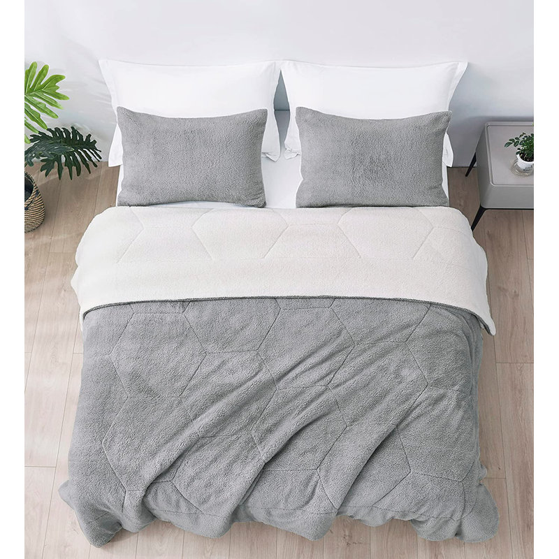 Double Sided Sherpa Reversible Comforter Set, Twin Comforter + 1 Standard Sham, Gray