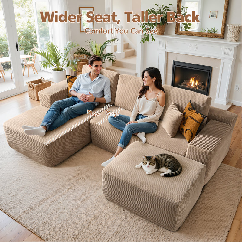 Boneless 106.3" Boneless Floor L-Shaped Sectional Sofa With Ottoman, No-Assembly Cloud Couch For Modern Living Spaces